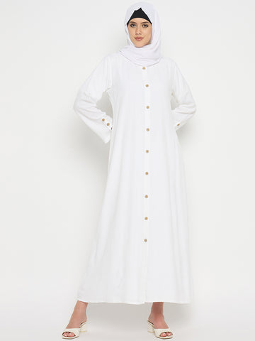 Front Open Solid White Rayon Abaya Burqa with Black Hijab for Women