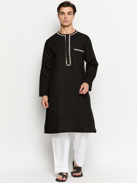 Black Solid Cotton Fabric Embroidery Details Men's Kurta Pajama Set