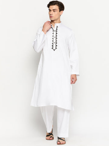 Embroidery Details White Solid Kurta For Men