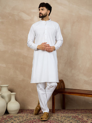 Nabia Solid White Cotton Kurta and Pajama Set for Men with Mandarin Collar