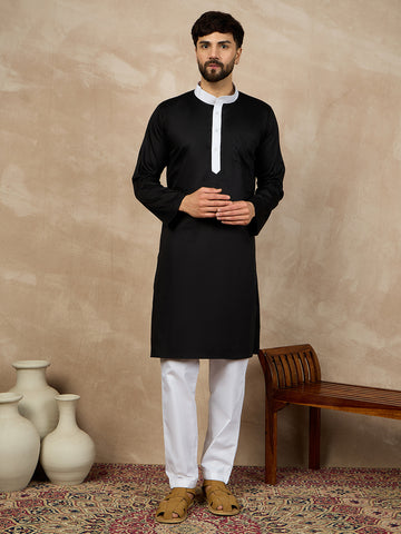 Nabia Solid Mandarin Collar Cotton Black Kurta and White Pajama Set For Men