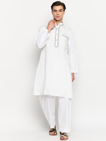 White Solid Embroidery Details Kurta For Men