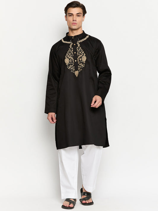 Embroidery Details Solid Black Kurta and White Pajama Set