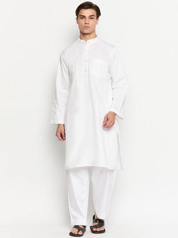 Cotton Fabric White Solid Kurta Pajama Set For Men