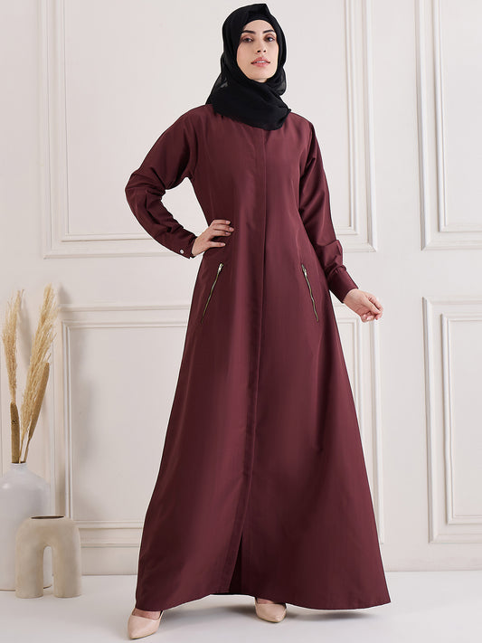 Nabia Women Maroon Solid Front Open Abaya Burqa With Black Georgette Hijab