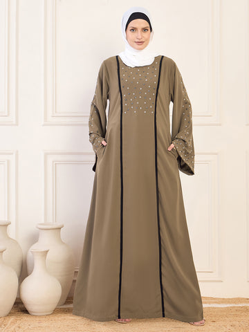 Nabia Oat(Khaki) Solid Luxury Handwork & Black Piping Detailing Abaya Burqa for Women With White Hijab