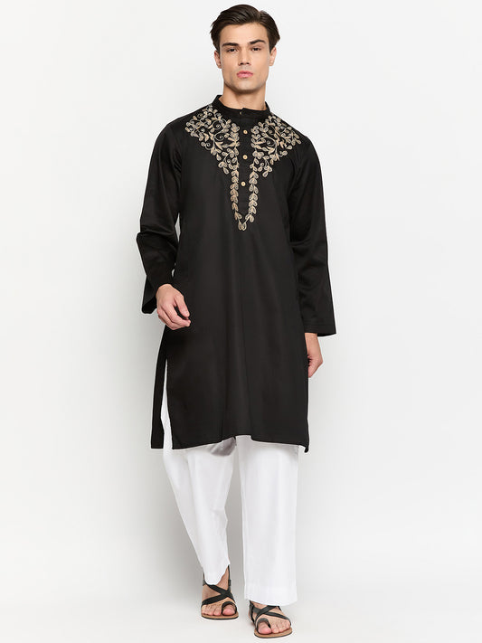 Black Solid Embroidery Details Kurta For Men