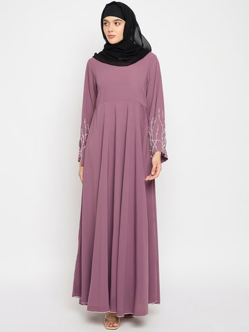 Hand Work Detailing Pink Solid Luxury Abaya Burqa for Women With Black Hijab