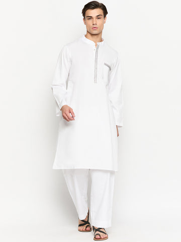 Thread Design White Solid Kurta For Men