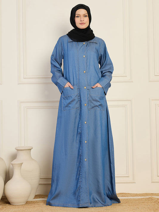 Nabia Women Blue Solid Front Open Denim Abaya With Black Georgette Hijab