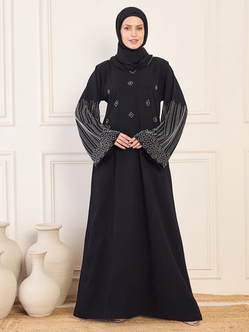 Nabia Black Solid Luxury Handworked Abaya Burqa for Women with Black Hijab