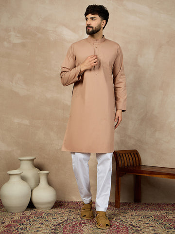 Nabia Beige Solid Mandarin Collar Cotton Kurta For Men