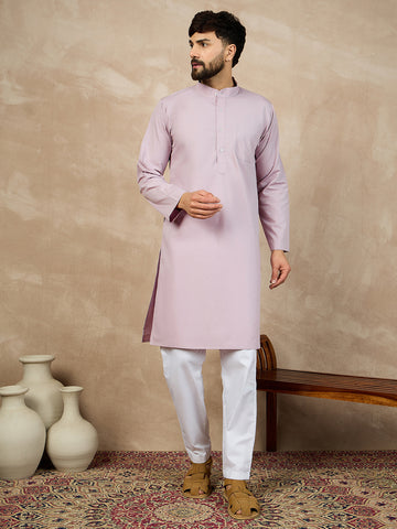 Nabia Solid Lavender Color Cotton Kurta and White Pajama Set for Men with Mandarin Collar