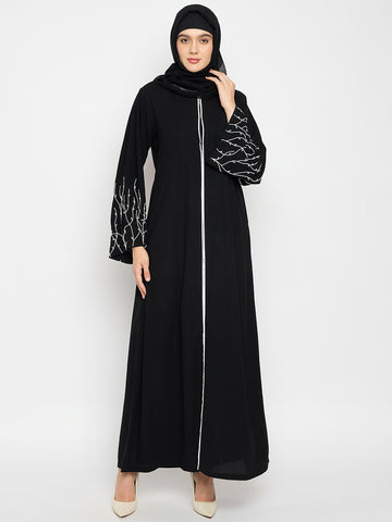 Nabia Women Black Solid Luxury Abaya Burqa With Hand Work Detailing