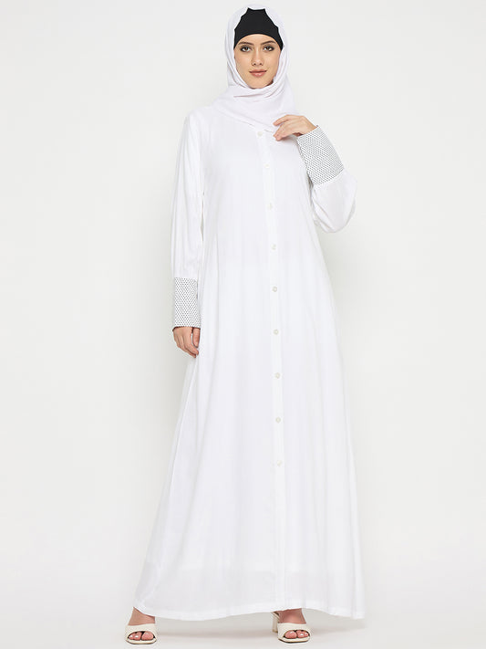 White Rayon Front Open Solid Abaya Burqa with Black Hijab for Women