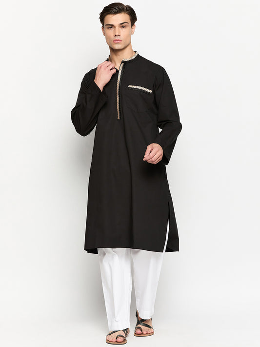 Black Solid Embroidery Details Men's Kurta With Long Sleeves