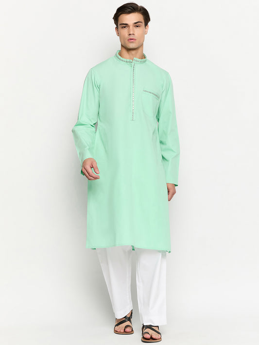 Sea Green Solid Embroidery Details Men's Kurta Pajama Set