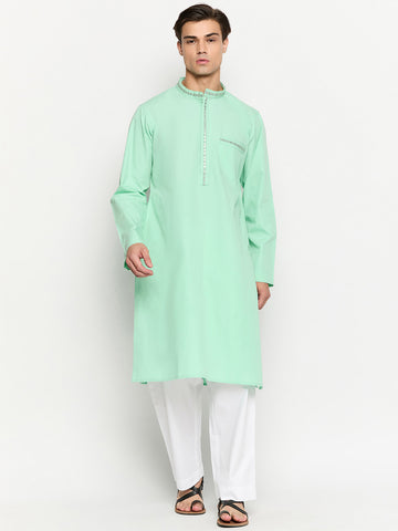 Sea Green Solid Embroidery Details Men's Kurta Pajama Set