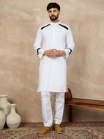 Nabia White Solid Mandarin Collar Cotton Kurta For Men