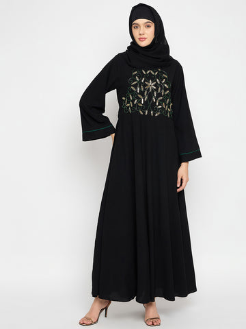 Hand Work Detailing Black Solid Luxury Abaya Burqa for Women With Black Hijab