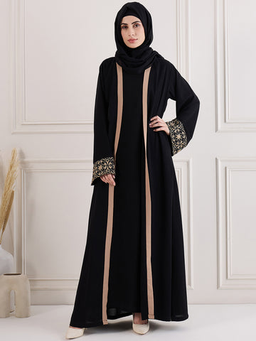 Nabia Black Solid Embroidered Shrug Set with Inner & Matching Black Hijab for Women