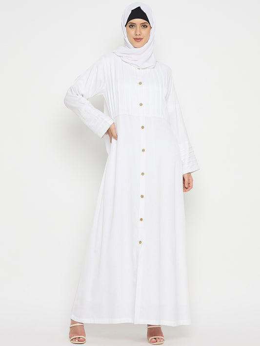 White Front Open Solid Round Neck Rayon Abaya Burqa with Black Hijab for Women