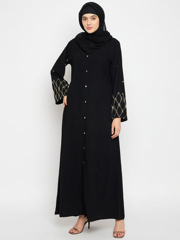 Nabia Nida Matte Black Solid Luxury Abaya Burqa For Women With Hand Work Detailing