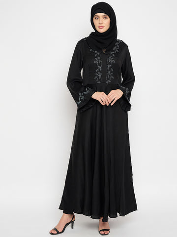 Hand Work Detailing Black Solid Luxury Abaya Burqa With Black Georgette Hijab