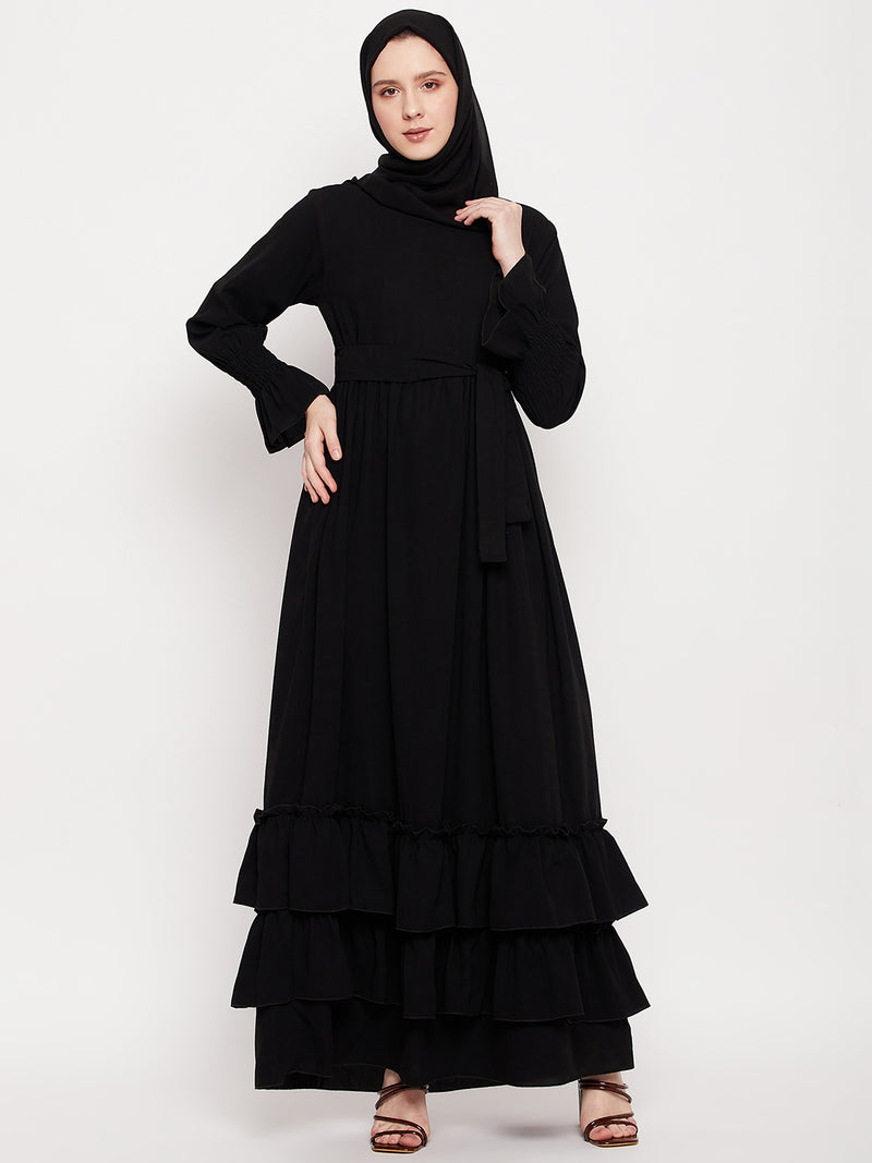 Nabia Women Black Frill Nida Matte Fabric Abaya Burqa With Black Georg