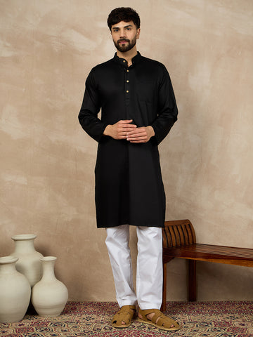 Nabia Black Solid Mandarin Collar Cotton Kurta For Men