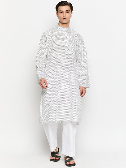 Cotton Fabric White Polka Dot Printed Kurta Pajama Set For Men