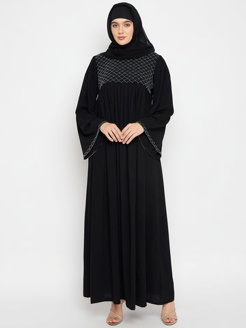 Nabia Black Solid Luxury Abaya Burqa with Hand Work Detailing for Women