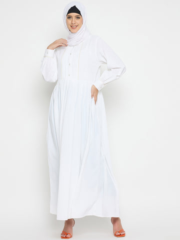 White Solid Embroidery Cuff Sleeve Abaya Burqa For Women With Black Hijab