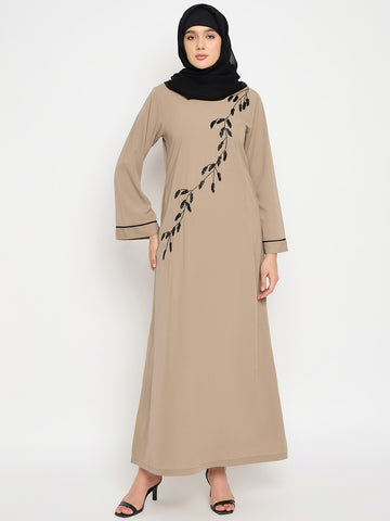 Nabia Beige Solid Luxury Abaya Burqa For Women With Hand Work Detailing