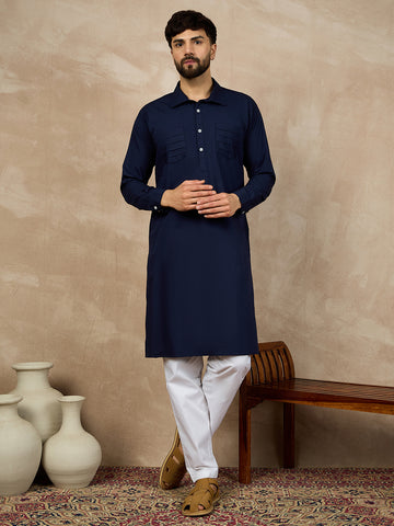 Nabia Solid Shirt Collar Blue Cotton Kurta and White Pajama Set for Men