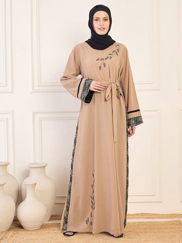 Nabia Beige Solid Luxury Handworked Abaya Burqa for Women with Black Hijab