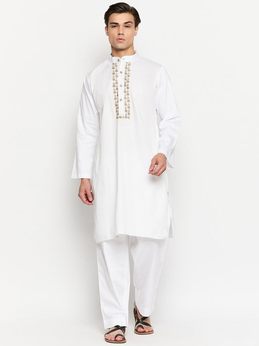 White Solid Cotton Fabric Embroidery Details Men's Kurta Pajama Set