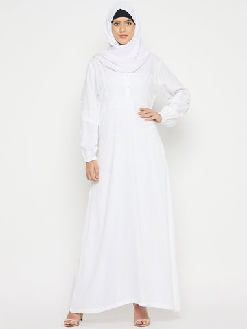 White Rayon V-Neck Solid Abaya with Black Hijab for Women