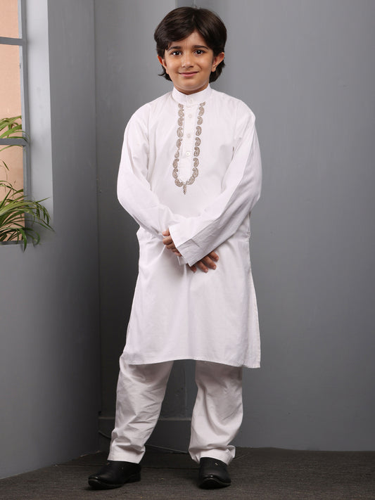 Nabia Solid Embroidered White Kurta Pajama Set For Kids Boys