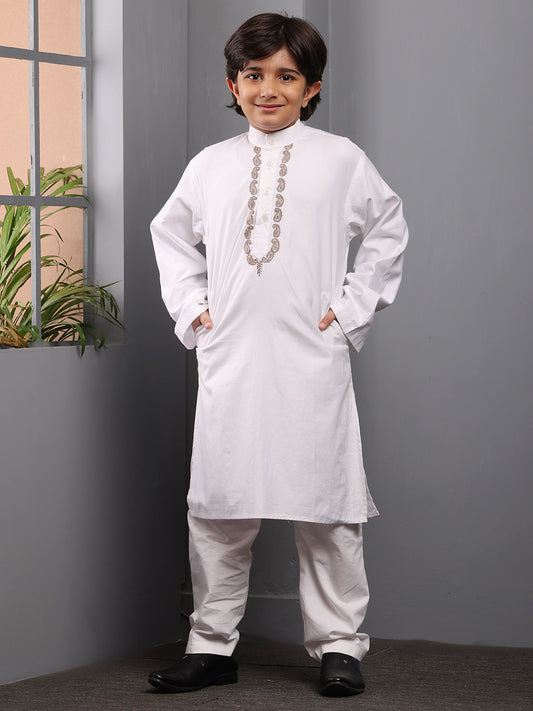 Nabia Solid Embroidered White Kurta Pajama Set For Kids Boys