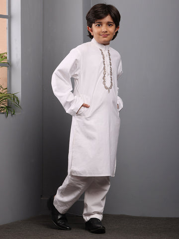 Nabia Solid Embroidered White Kurta Pajama Set For Kids Boys