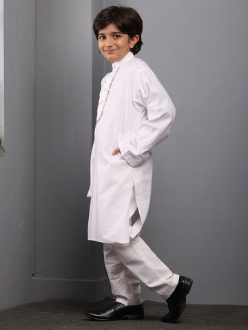 Nabia Solid Embroidered White Kurta Pajama Set For Kids Boys