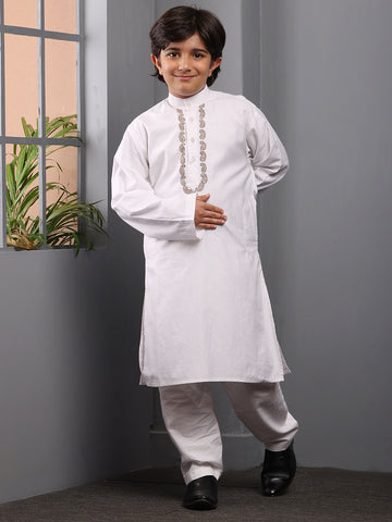 Nabia Solid Embroidered White Kurta Pajama Set For Kids Boys