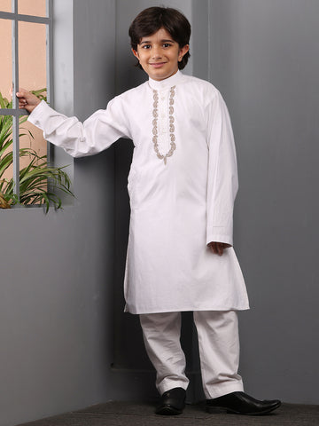 Nabia Solid Embroidered White Kurta Pajama Set For Kids Boys