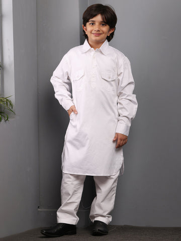 Nabia White solid Kids Boys Shirt Collar Pathani Kurta Pajama Set