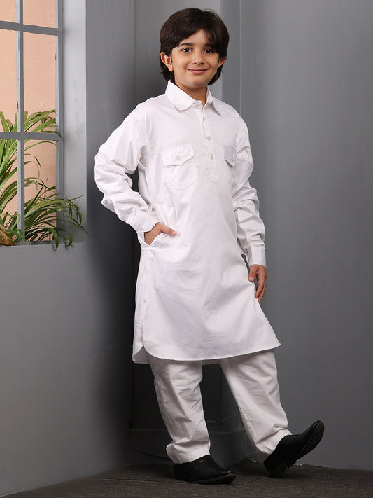 Nabia White solid Kids Boys Shirt Collar Pathani Kurta Pajama Set