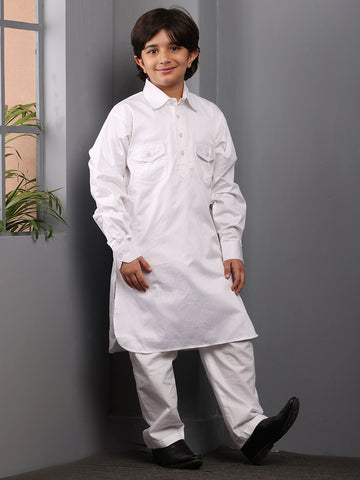 Nabia White solid Kids Boys Shirt Collar Pathani Kurta Pajama Set