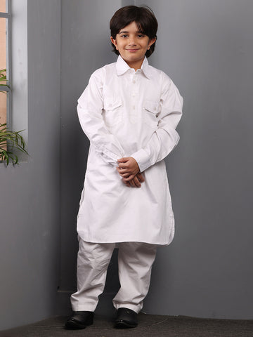 Nabia White solid Kids Boys Shirt Collar Pathani Kurta Pajama Set