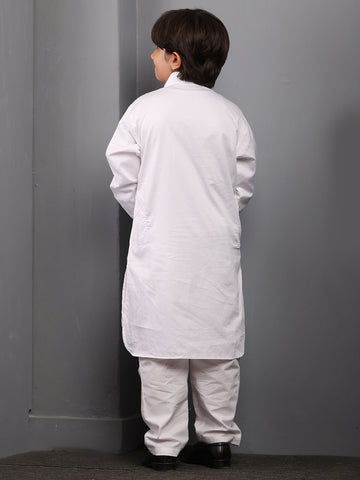 Nabia White solid Kids Boys Shirt Collar Pathani Kurta Pajama Set