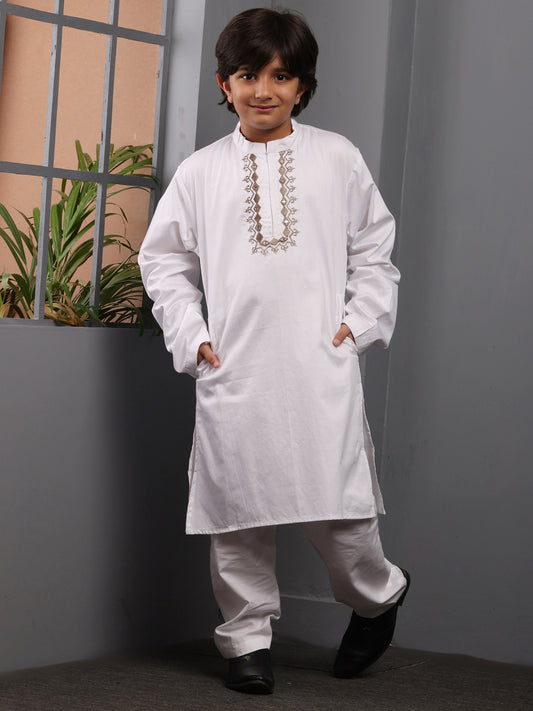 Embroidered Zip Closure White Solid Kurta Pajama Set For Kids Boys